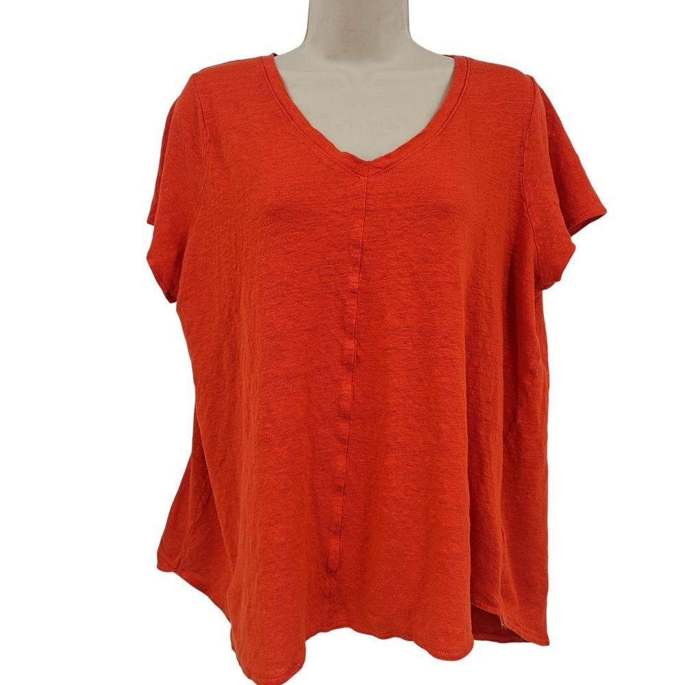 Tahari 100% Linen Shirt Women 1X Orange V Neck Vacation Beach Coastal‎ Festive